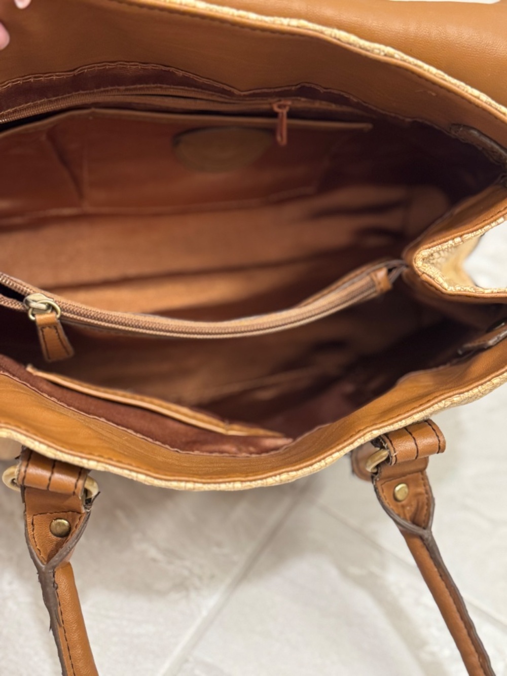 Etienne Aigner Woven Straw Leather Satchel Bag Tan Vintage Coastal - Picture 7 of 16